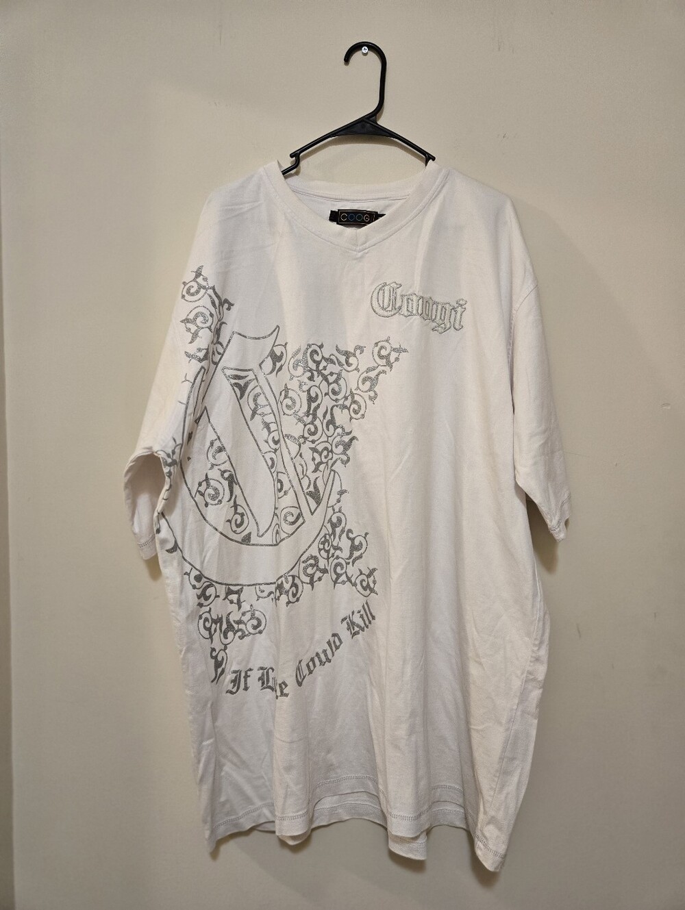 Vintage COOGI White Short-Sleeve V-Neck Shirt with Gray Graphic